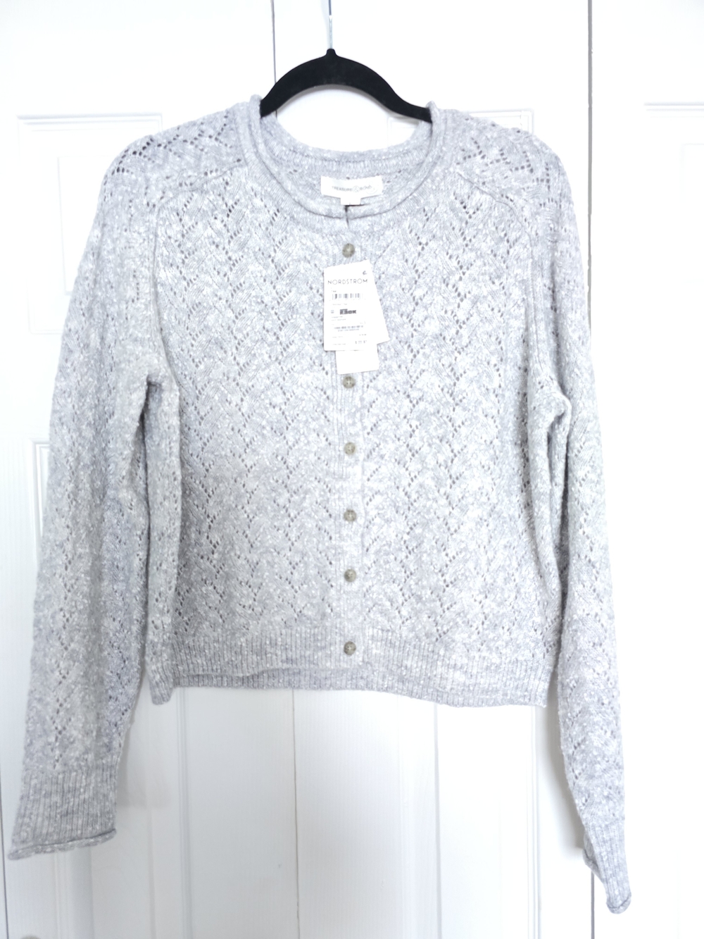 Treasure & Bond Light Gray Openwork Knit Button-Front Cardigan